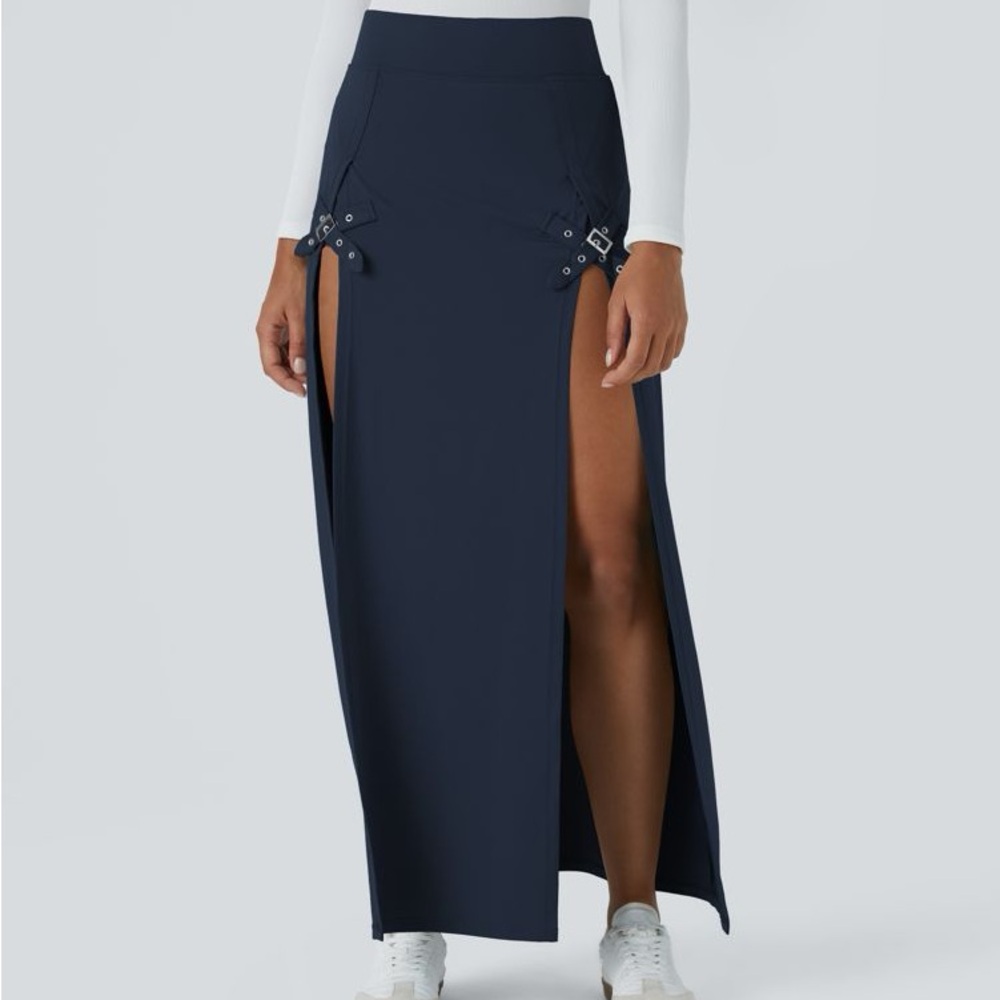 High Waisted Decorative Buckle Split 2-in-1 Maxi Casual Skirt